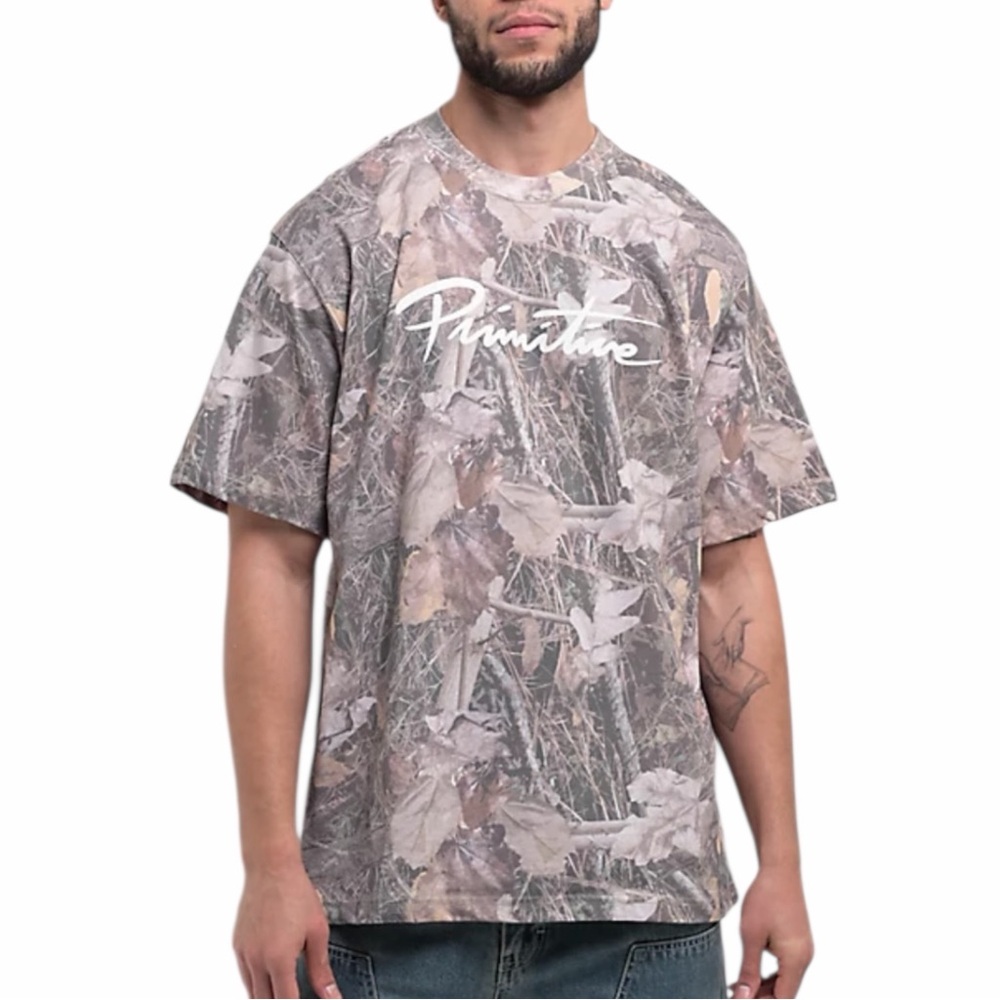 Primitive Skateboarding Mens 2XL Camo Leaf Print Script Logo T-Shirt Brown Tan